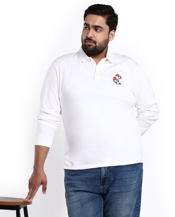 Rare Rabbit Men's Raz Off White Collared Neck Statement Chest Label Full Sleeve Polo T-Shirt Plus Size