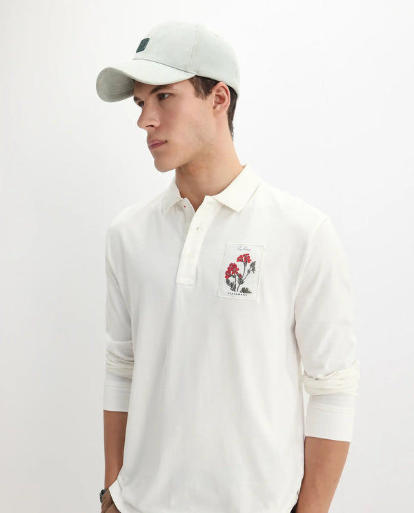 Rare Rabbit Men's Raz Off White Collared Neck Statement Chest Label Full Sleeve Polo T-Shirt