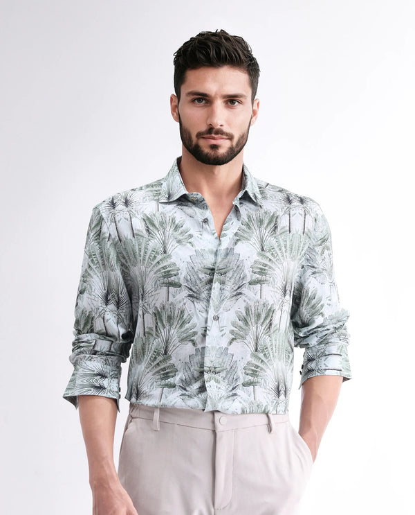 Rare Rabbit Men Reca Light Green Viscose Fabric Full Sleeve Spread Collar Button Closure Abstract Print Shirt
