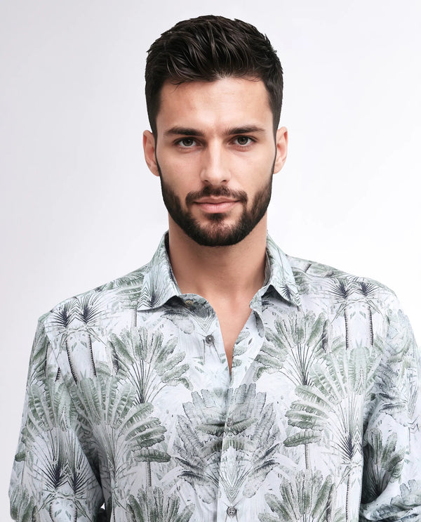 Rare Rabbit Men Reca Light Green Viscose Fabric Full Sleeve Spread Collar Button Closure Abstract Print Shirt