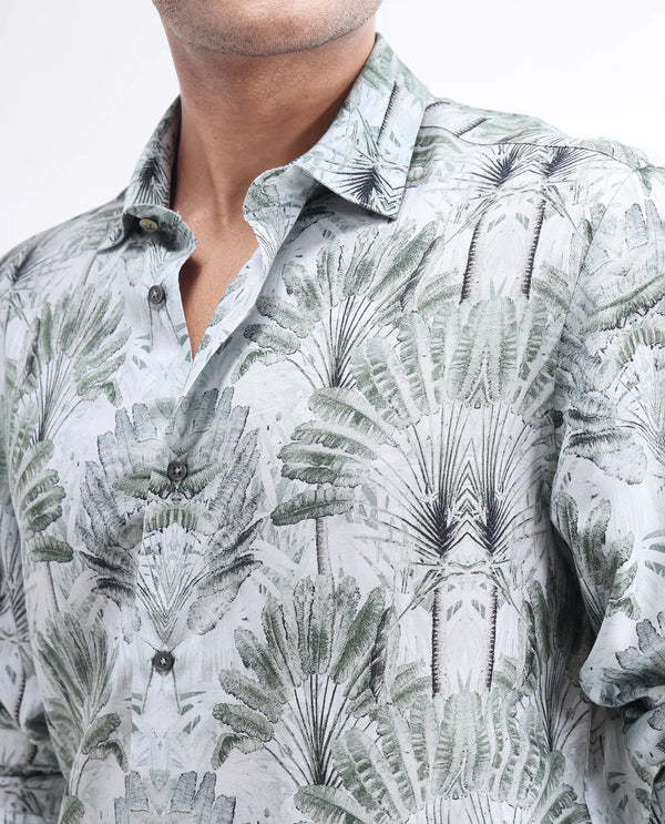 Rare Rabbit Men Reca Light Green Viscose Fabric Full Sleeve Spread Collar Button Closure Abstract Print Shirt
