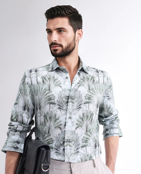 Rare Rabbit Men Reca Light Green Viscose Fabric Full Sleeve Spread Collar Button Closure Abstract Print Shirt