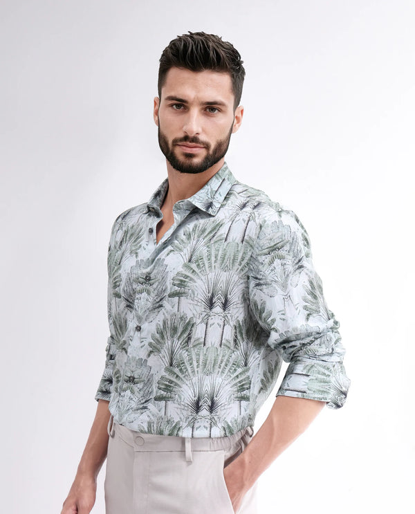 Rare Rabbit Men Reca Light Green Viscose Fabric Full Sleeve Spread Collar Button Closure Abstract Print Shirt