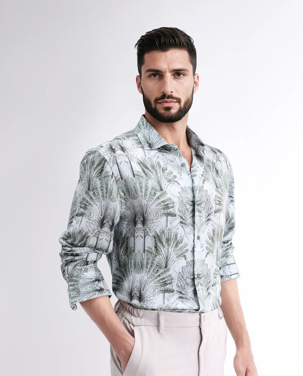 Rare Rabbit Men Reca Light Green Viscose Fabric Full Sleeve Spread Collar Button Closure Abstract Print Shirt