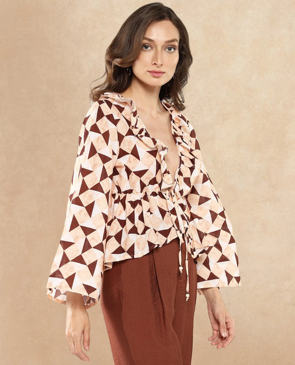 Rareism Women Reggio Light Multi Bell Sleeves Tie-Up Neck Tie Up Closure Geometric Print Top