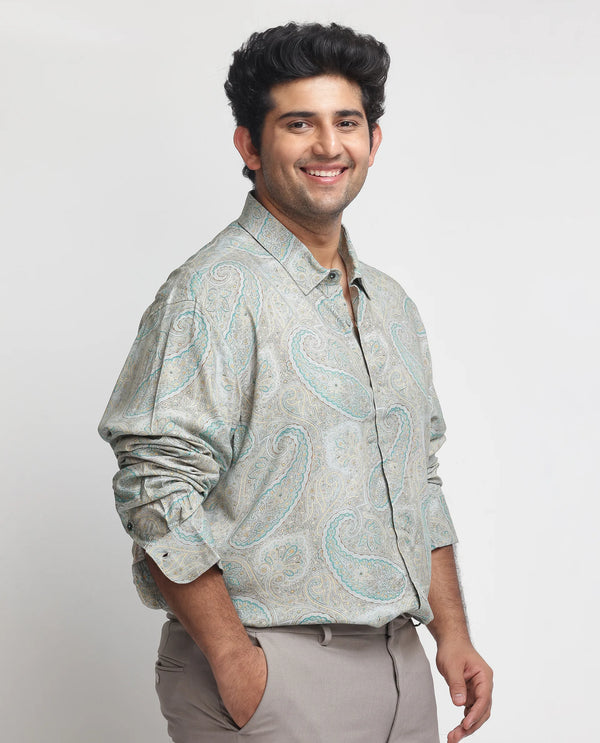Rare Rabbit Men's Rego Pastel Green Paisley Print Full Sleeves Shirt Plus Size