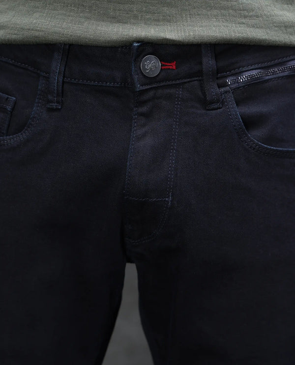 Rare Rabbit Men's Reid Dark Blue Cotton Blend Fabric Shank And Zip Closure Hawk Slim Fit Plain Jeans