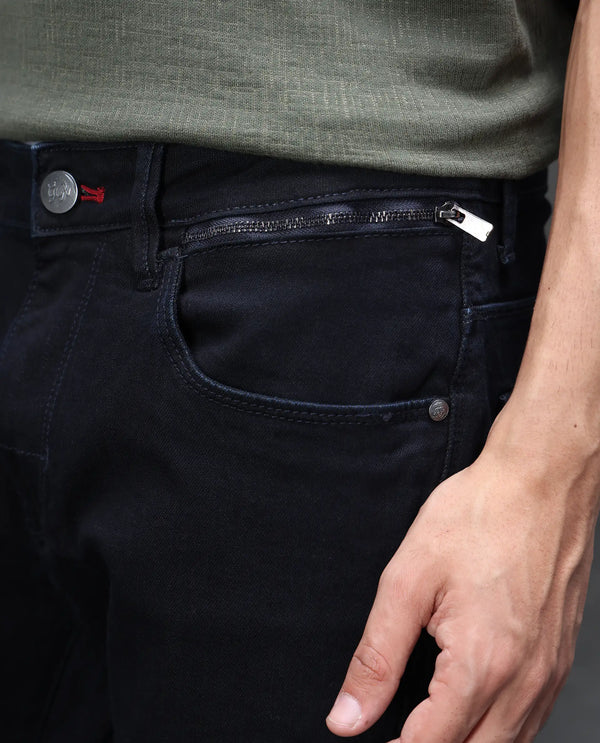 Rare Rabbit Men's Reid Dark Blue Cotton Blend Fabric Shank And Zip Closure Hawk Slim Fit Plain Jeans