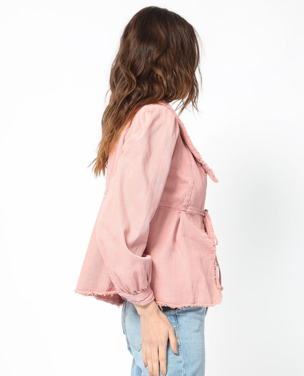 Rareism Women Reism Light Pink Cotton Blend Fabric Full Sleeves Tie-Up Closure Lapel Neck Boxy Fit Plain Shrug
