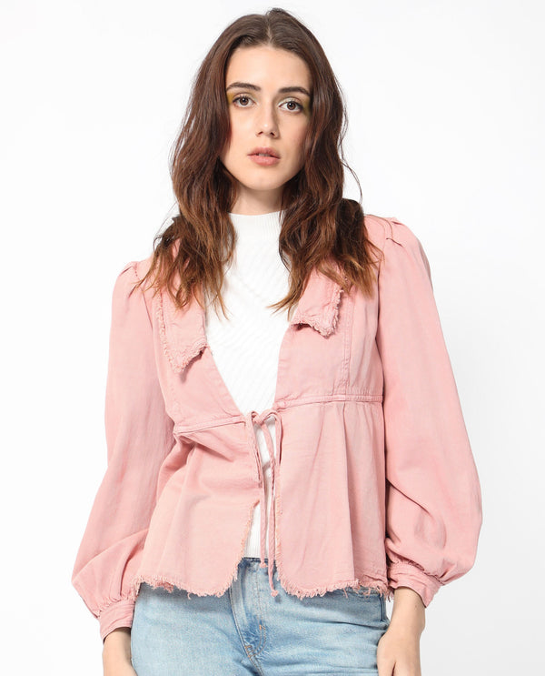 Rareism Women Reism Light Pink Cotton Blend Fabric Full Sleeves Tie-Up Closure Lapel Neck Boxy Fit Plain Shrug