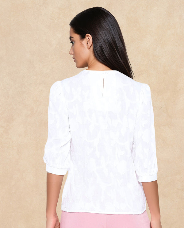 Rareism Women Reis White Puff Sleeves Round Neck Button Closure Regular Fit Plain Top