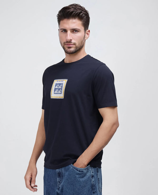 Rare Rabbit Men Rek Navy Cotton Lycra Fabric Short Sleeve Regular Fit Graphic Print T-Shirt