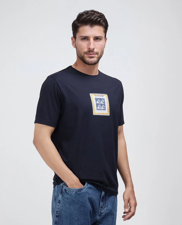 Rare Rabbit Men Rek Navy Cotton Lycra Fabric Short Sleeve Regular Fit Graphic Print T-Shirt