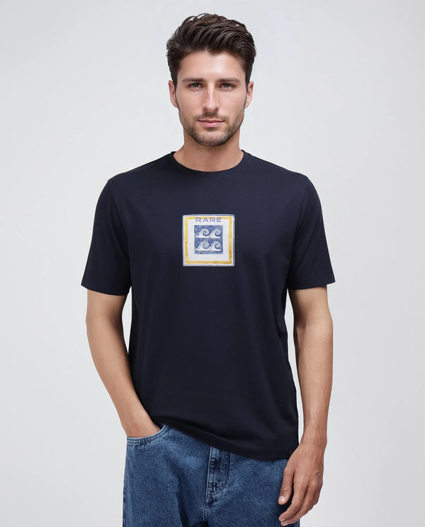 Rare Rabbit Men Rek Navy Cotton Lycra Fabric Short Sleeve Regular Fit Graphic Print T-Shirt