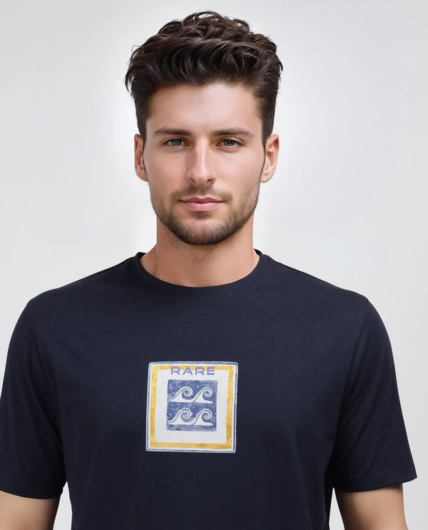 Rare Rabbit Men Rek Navy Cotton Lycra Fabric Short Sleeve Regular Fit Graphic Print T-Shirt