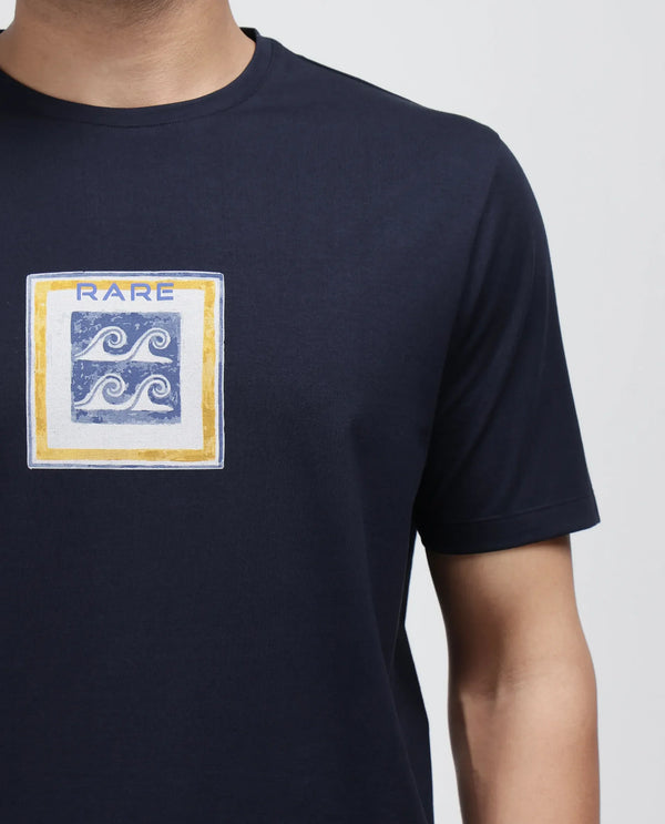 Rare Rabbit Men Rek Navy Cotton Lycra Fabric Short Sleeve Regular Fit Graphic Print T-Shirt