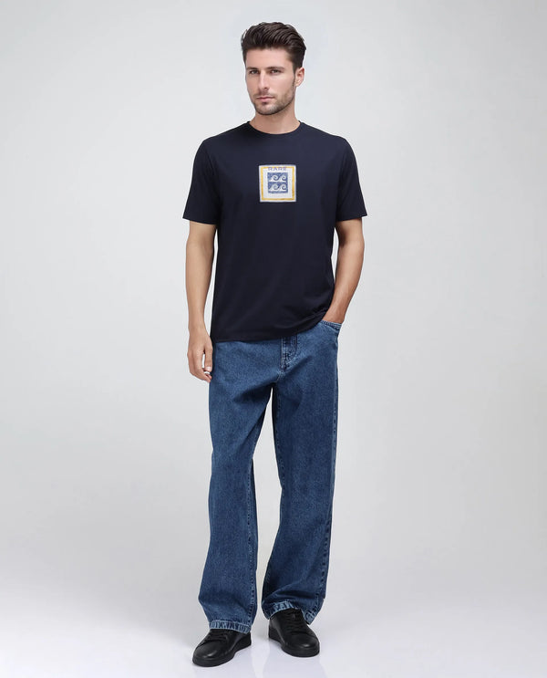 Rare Rabbit Men Rek Navy Cotton Lycra Fabric Short Sleeve Regular Fit Graphic Print T-Shirt