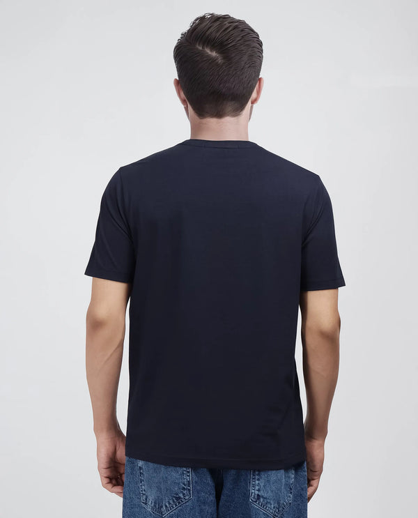 Rare Rabbit Men Rek Navy Cotton Lycra Fabric Short Sleeve Regular Fit Graphic Print T-Shirt