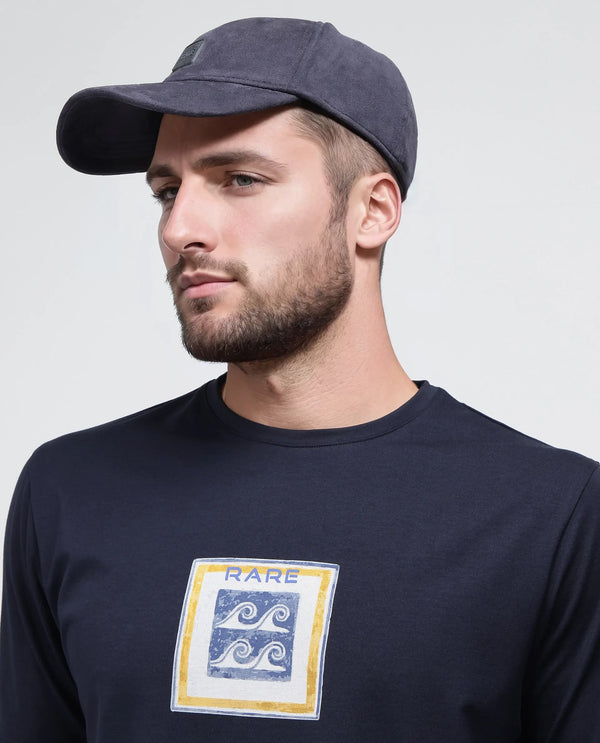 Rare Rabbit Men Rek Navy Cotton Lycra Fabric Short Sleeve Regular Fit Graphic Print T-Shirt