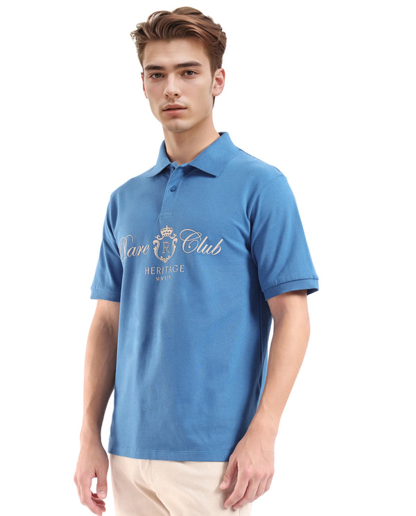 Rare Rabbit Men Rem Blue Cotton Fabric Short Sleeve Regular Fit HD Print Branded Polo