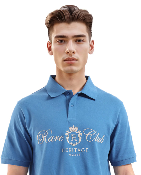 Rare Rabbit Men Rem Blue Cotton Fabric Short Sleeve Regular Fit HD Print Branded Polo