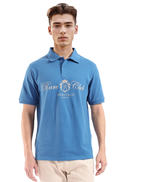 Rare Rabbit Men Rem Blue Cotton Fabric Short Sleeve Regular Fit HD Print Branded Polo