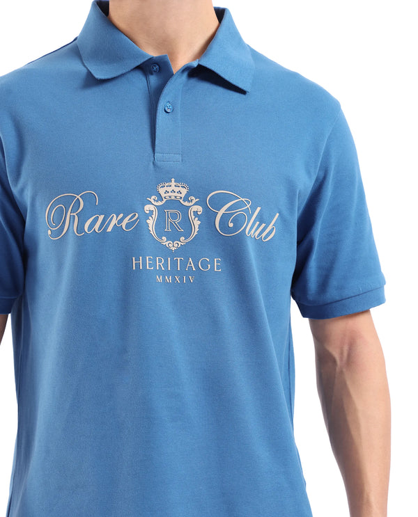 Rare Rabbit Men Rem Blue Cotton Fabric Short Sleeve Regular Fit HD Print Branded Polo