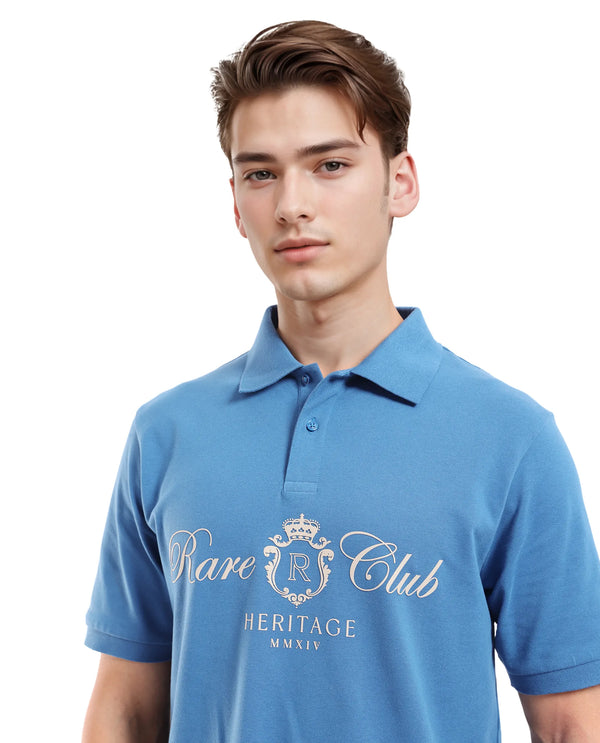 Rare Rabbit Men Rem Blue Cotton Fabric Short Sleeve Regular Fit HD Print Branded Polo