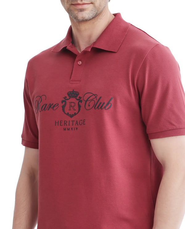 Rare Rabbit Men Rem Dark Rust Cotton Fabric Short Sleeve Regular Fit HD Print Branded Polo