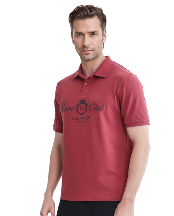 Rare Rabbit Men Rem Dark Rust Cotton Fabric Short Sleeve Regular Fit HD Print Branded Polo