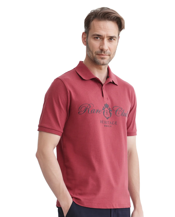 Rare Rabbit Men Rem Dark Rust Cotton Fabric Short Sleeve Regular Fit HD Print Branded Polo