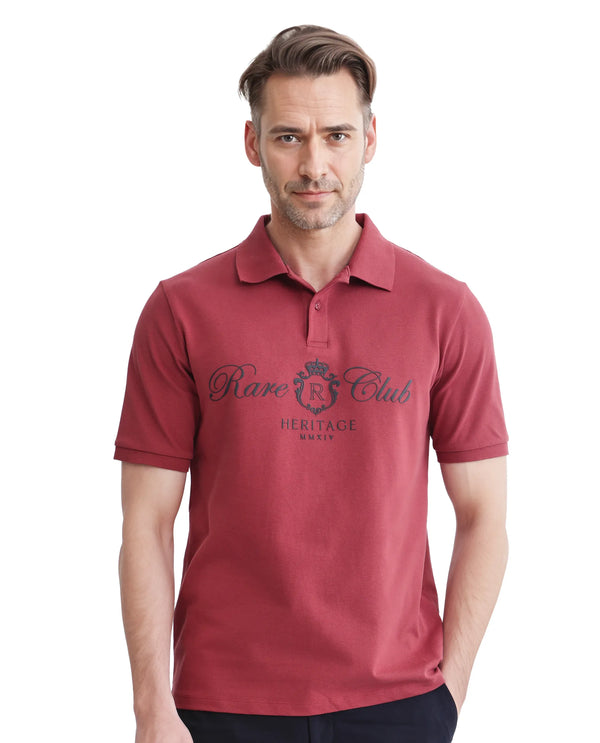 Rare Rabbit Men Rem Dark Rust Cotton Fabric Short Sleeve Regular Fit HD Print Branded Polo