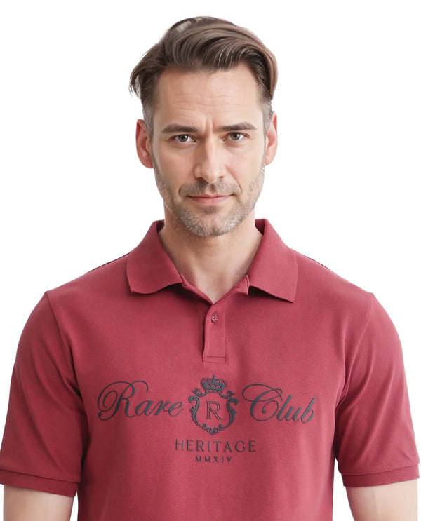 Rare Rabbit Men Rem Dark Rust Cotton Fabric Short Sleeve Regular Fit HD Print Branded Polo