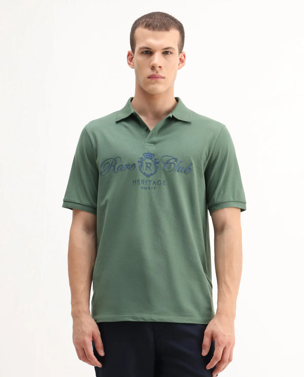Rare Rabbit Men Rem Green Cotton Fabric Short Sleeve Regular Fit HD Print Branded Polo