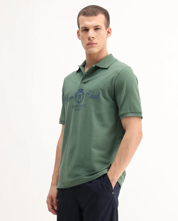 Rare Rabbit Men Rem Green Cotton Fabric Short Sleeve Regular Fit HD Print Branded Polo