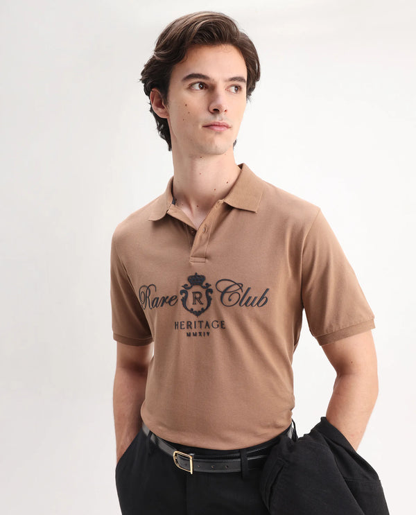 Rare Rabbit Men Rem Light Brown Cotton Fabric Short Sleeve Regular Fit HD Print Branded Polo