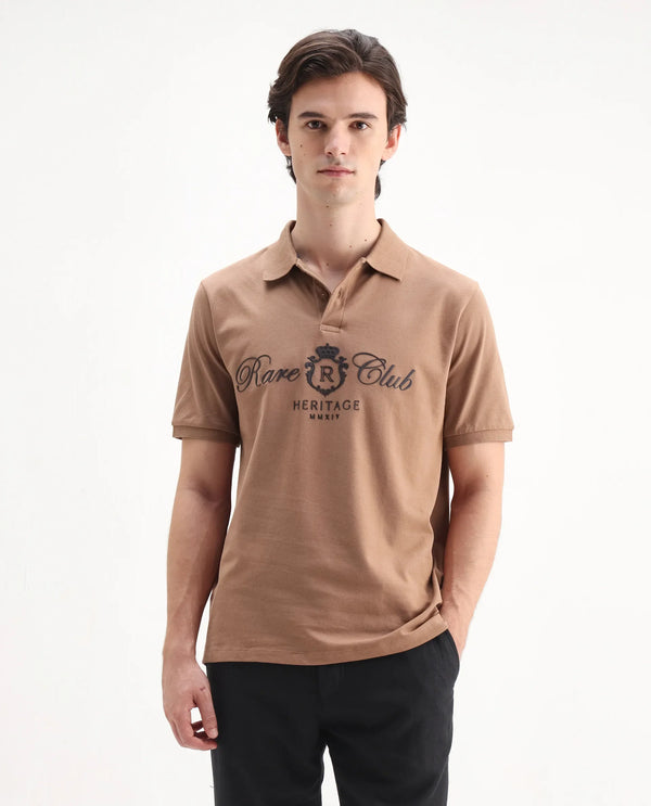 Rare Rabbit Men Rem Light Brown Cotton Fabric Short Sleeve Regular Fit HD Print Branded Polo