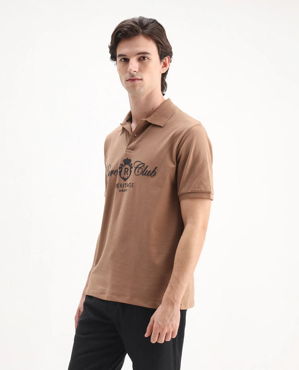 Rare Rabbit Men Rem Light Brown Cotton Fabric Short Sleeve Regular Fit HD Print Branded Polo