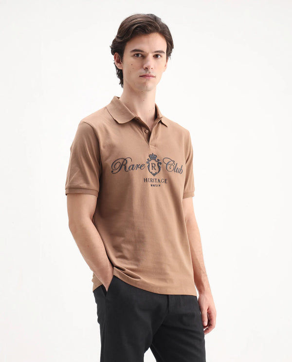 Rare Rabbit Men Rem Light Brown Cotton Fabric Short Sleeve Regular Fit HD Print Branded Polo