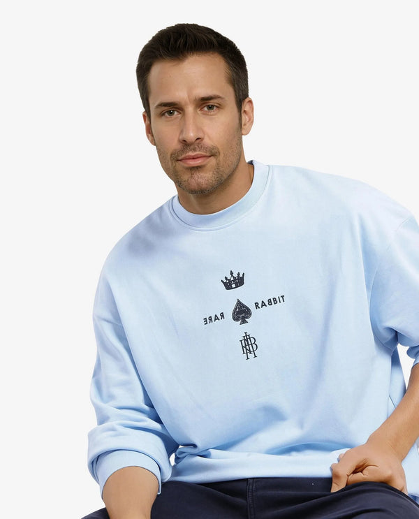 Rare Rabbit Men Remor Light Blue Cotton Polyester Fabric Full Sleeve Crew Neck Regular Fit Printed Sweatshirt