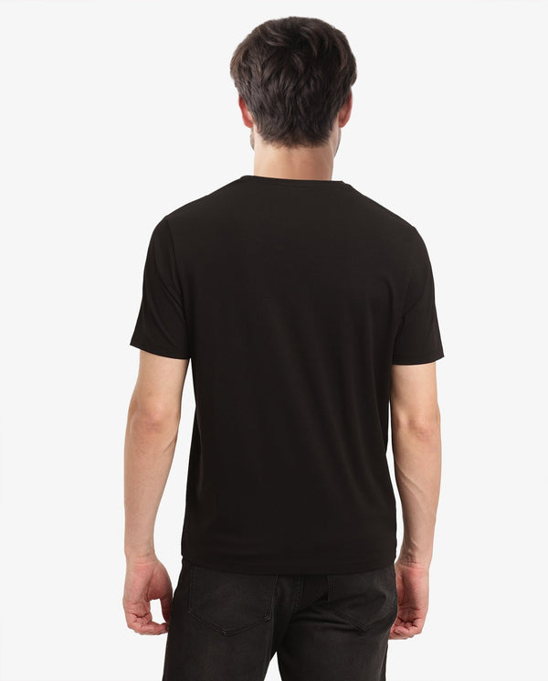 Rare Rabbit Men Ranato Black Cotton Lycra Fabric Short Sleeve Crew Neck Regular Fit Logo Graphic Print T-Shirt