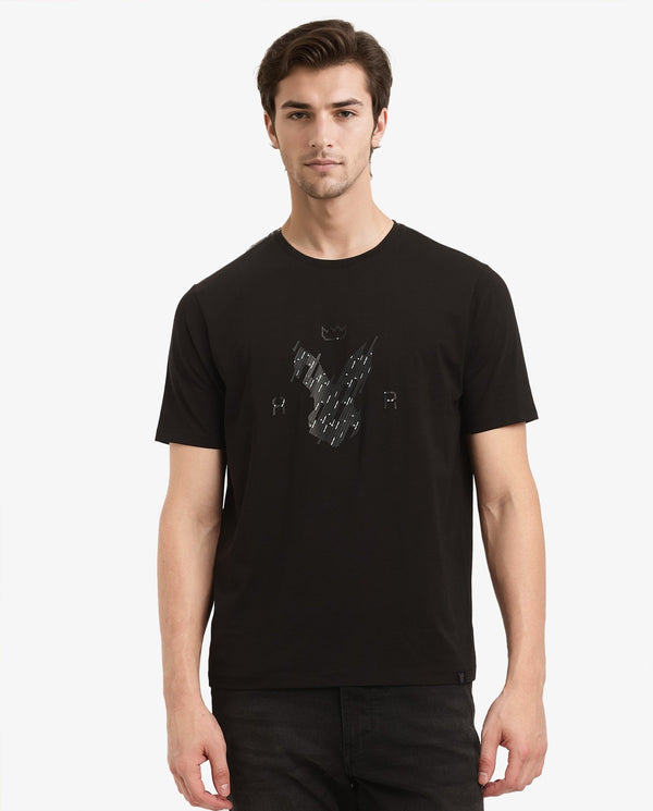 Rare Rabbit Men Ranato Black Cotton Lycra Fabric Short Sleeve Crew Neck Regular Fit Logo Graphic Print T-Shirt
