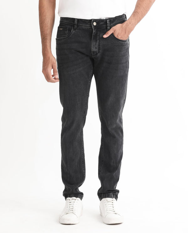 Rare Rabbit Men's Reney Black Mid Wash Mid-Rise Slim Fit Jeans