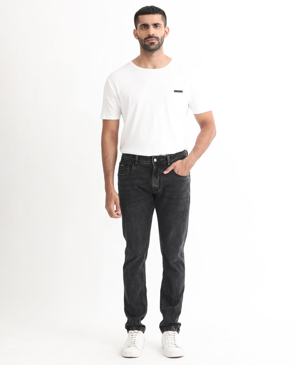 Rare Rabbit Men's Reney Black Mid Wash Mid-Rise Slim Fit Jeans