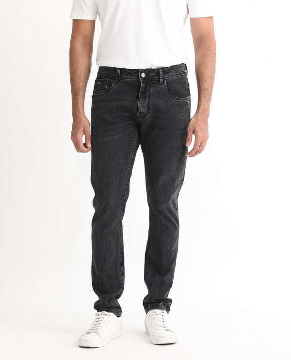 Rare Rabbit Men's Reney Black Mid Wash Mid-Rise Slim Fit Jeans