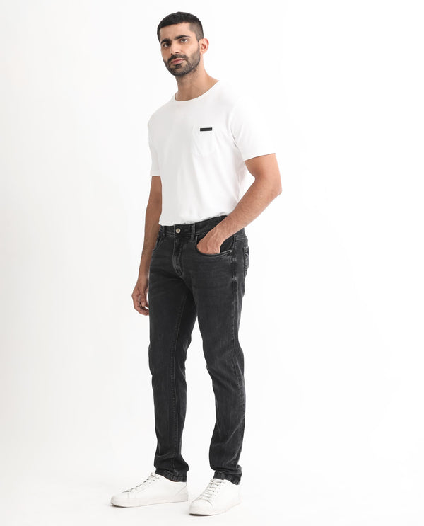 Rare Rabbit Men's Reney Black Mid Wash Mid-Rise Slim Fit Jeans