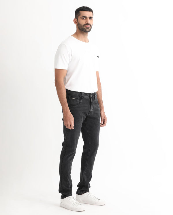 Rare Rabbit Men's Reney Black Mid Wash Mid-Rise Slim Fit Jeans