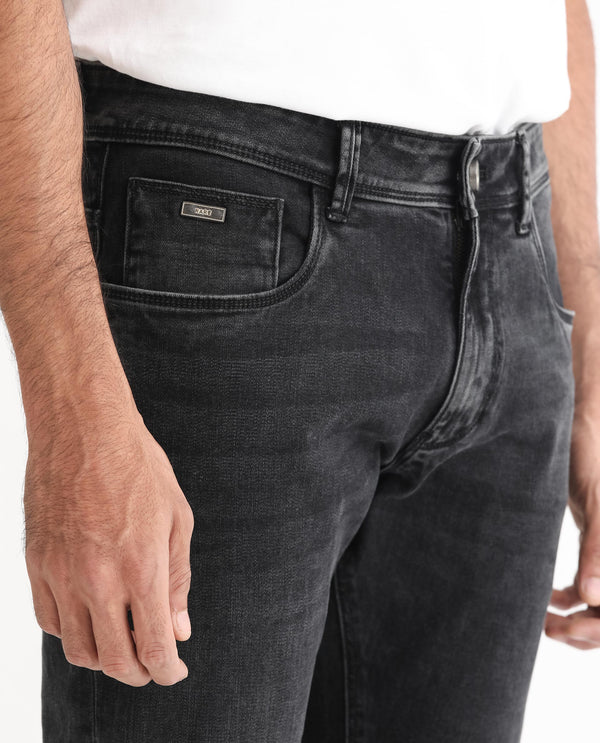 Rare Rabbit Men's Reney Black Mid Wash Mid-Rise Slim Fit Jeans