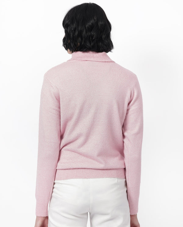 Rareism Women Reni Pink Acrylic Fabric Full Sleeves Over Lap Regular Fit Plain Sweater