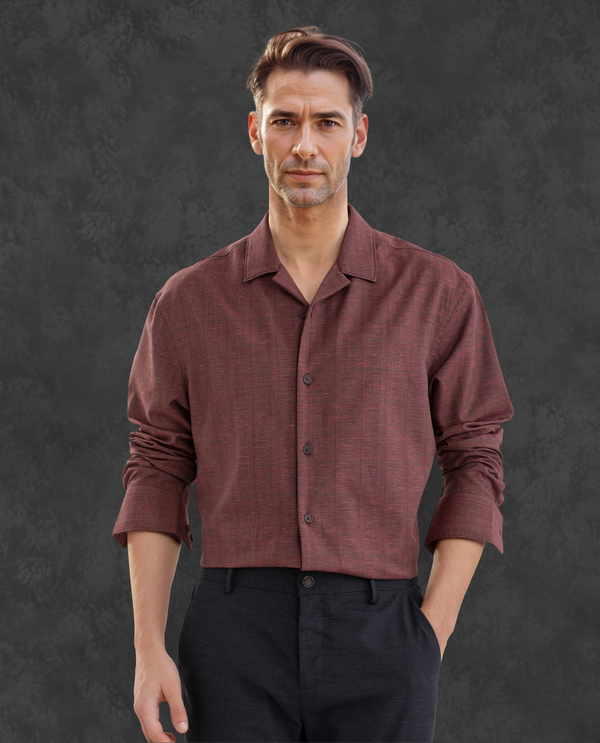 Rare Rabbit Men Reno Maroon Cotton Blend Fabric Full Sleeve Cuban Collared Button Closure Regular Fit Checks Premium Casual Shirt